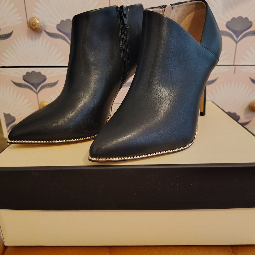 NEW! BCBG Black Pointed Leather Ankle Booties with Gold Trim